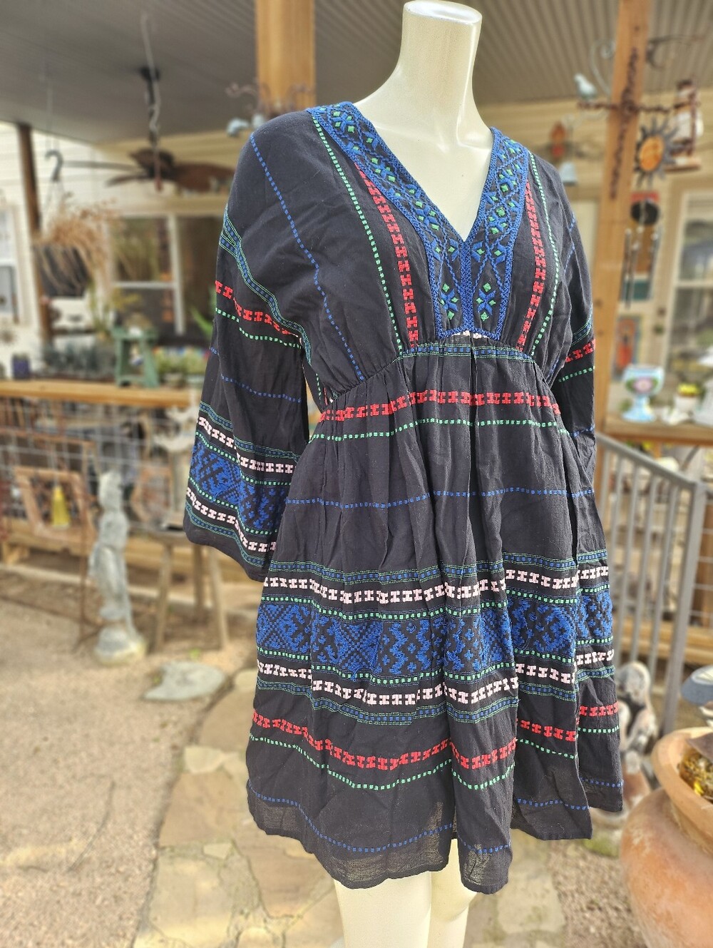 Joie Black Embroidered Cotton V-Neck Boho Tunic Dress with Blue & Red Accents M